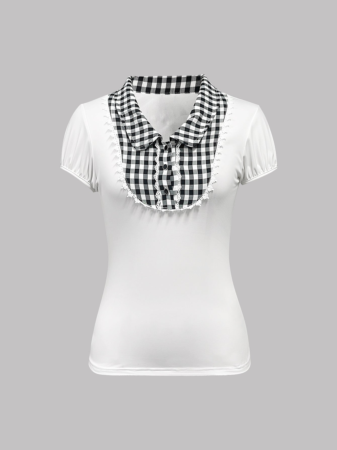 Dame Casual haut avec un col à carreaux frappant et de délicates détails en volants Chic und Stil
