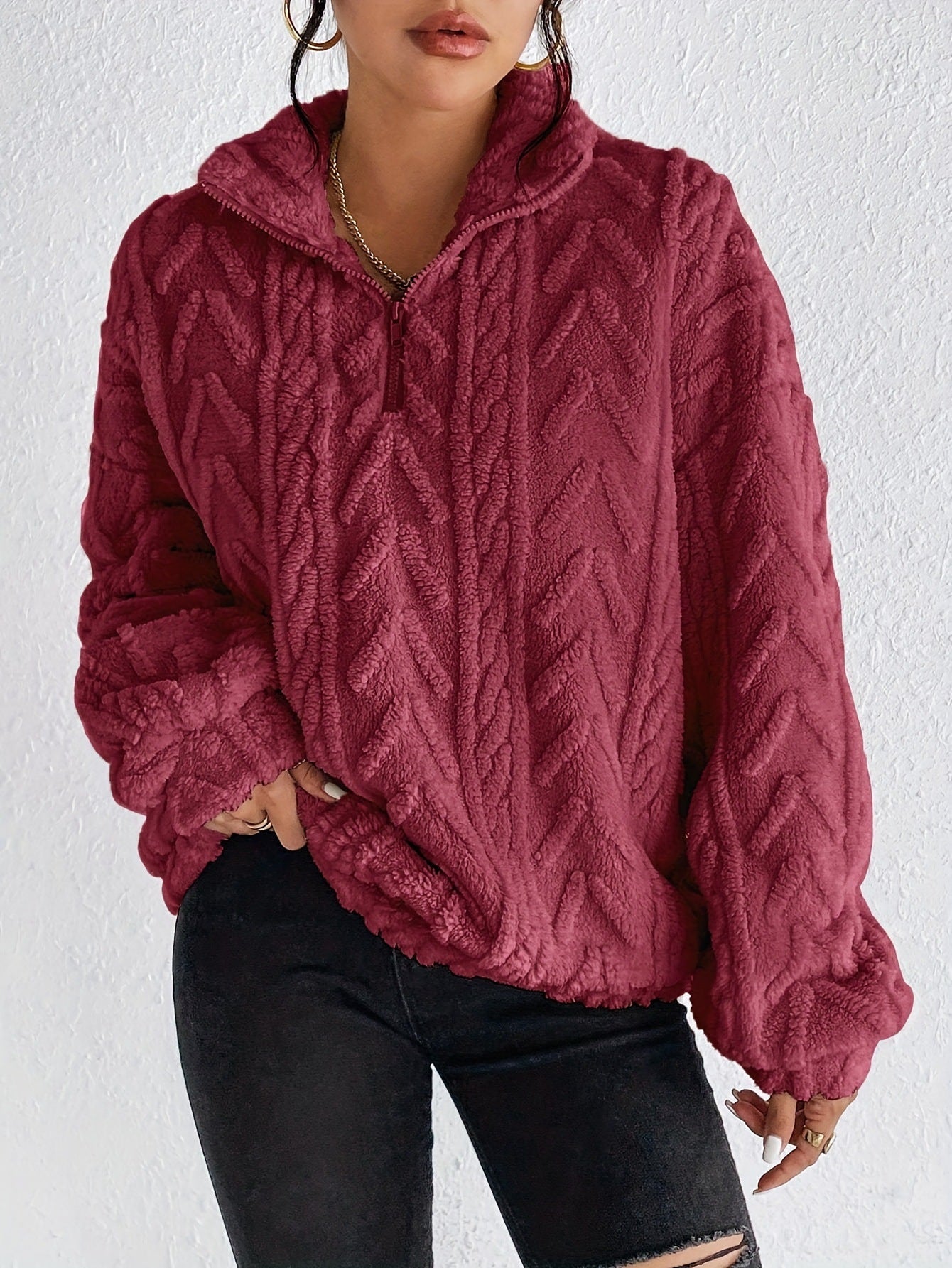 Dames Pull-over oversized pelucheux avec fermeture éclair et structure côtelée Chic und Stil