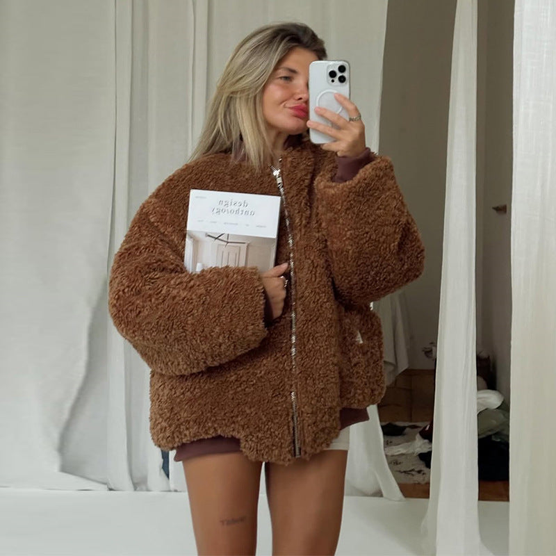 Dames confortable teddy jacket avec col haut Chic und Stil