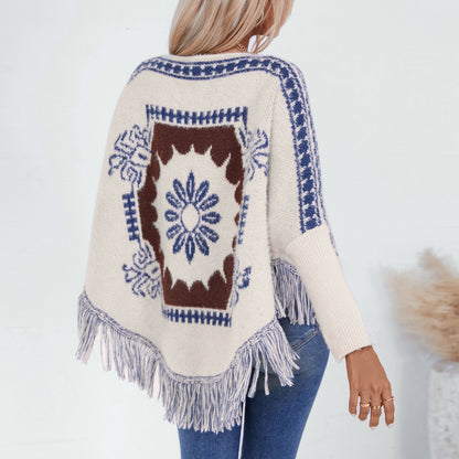 Dames élégant poncho en tricot avec motif artistique et finition à franges Chic und Stil