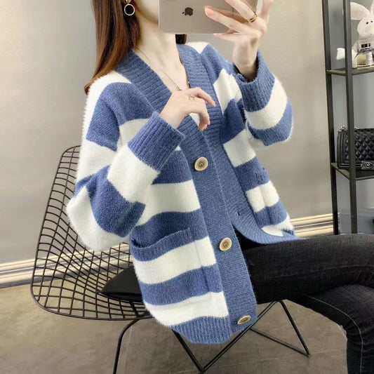 Cardigan en tricot épais pour femmes avec rayures bretonnes et poches pratiques Chic und Stil