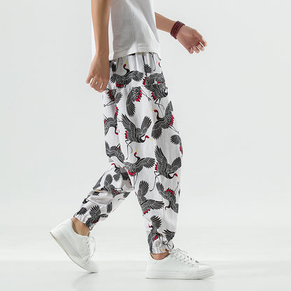 Casual and breathable men's harem pants with a unique crane pattern Chic and Style