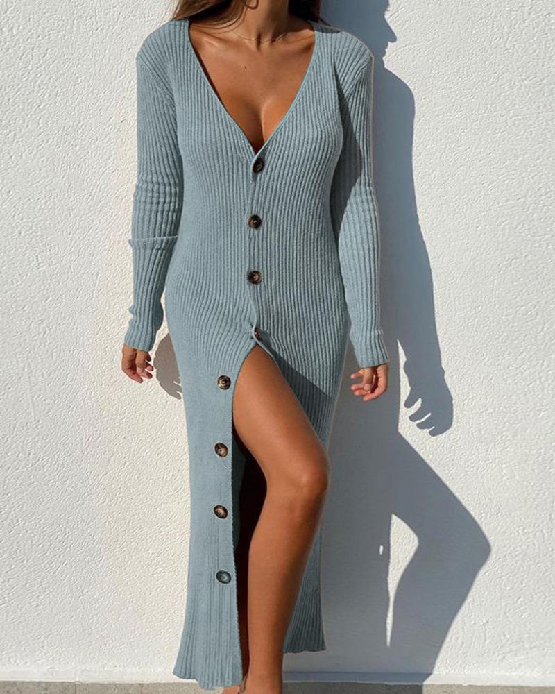 Robe à manches longues pour femmes avec patte de boutonnage continue et fente latérale Chic und Stil