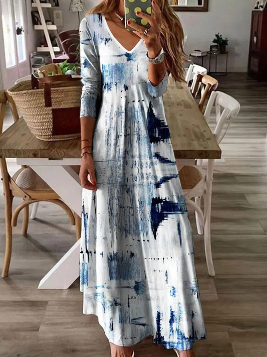 Robe maxi pour femmes avec design artistique aquarelle et décolleté en V profond Chic und Stil