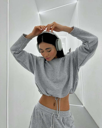Femme pull court décontracté avec cordon de serrage et coupe ample Chic und Stil