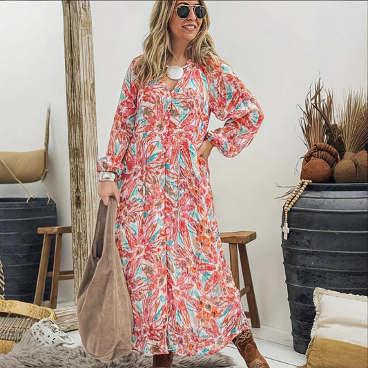 Robes maxi pour femmes avec un imprimé floral coloré et un léger décolleté en V Chic und Stil