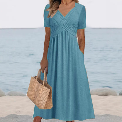 Robe maxi femme avec décolleté en V élégant et poches pratiques Chic und Stil