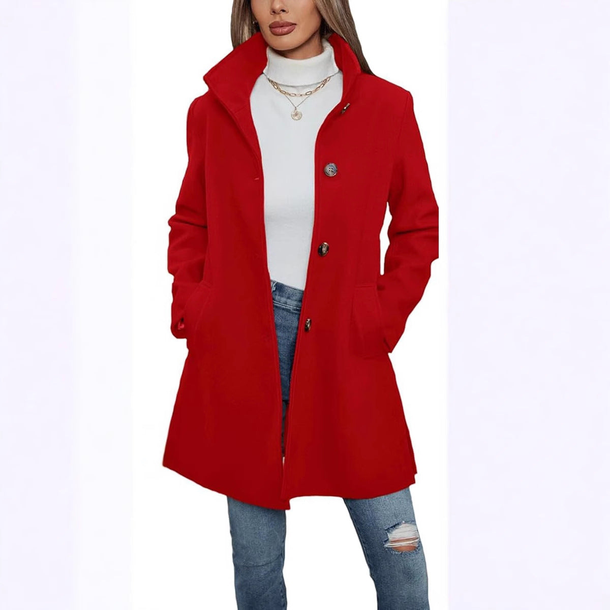 Ladies Elegant wool coat with high collar and practical pockets Chic and Style
