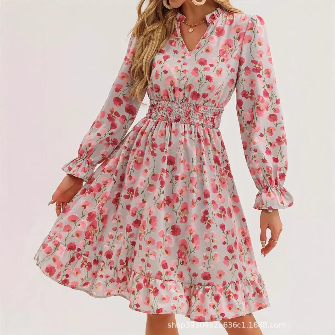 Robe mini à motifs floraux pour femmes avec des manches volumineuses et une taille élastique Chic und Stil