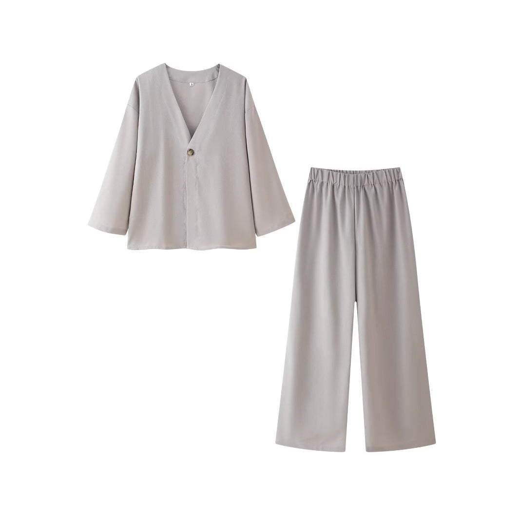Damen Ensemble composé d'une blouse élégante à décolleté en V et de pantalons palazzo larges Chic und Stil