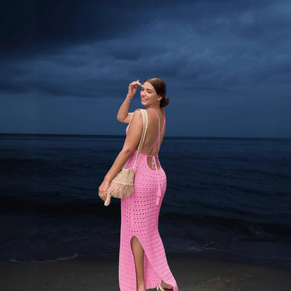 Robe maxi en tricot élégante pour femmes avec motif en losanges transparent