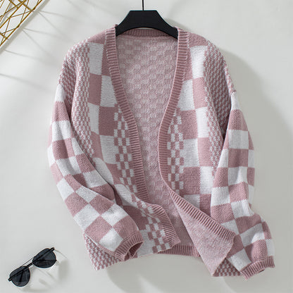 Cardigan décontracté pour femmes à motif à carreaux tendance Chic und Stil
