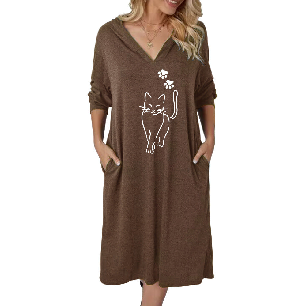 Robe à capuche pour femmes avec un mignon motif de chat et des poches pratiques Chic und Stil