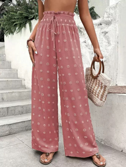 Ladies Wide Palazzo Pants with Subtle Pattern and Elastic Belt Chic and Style