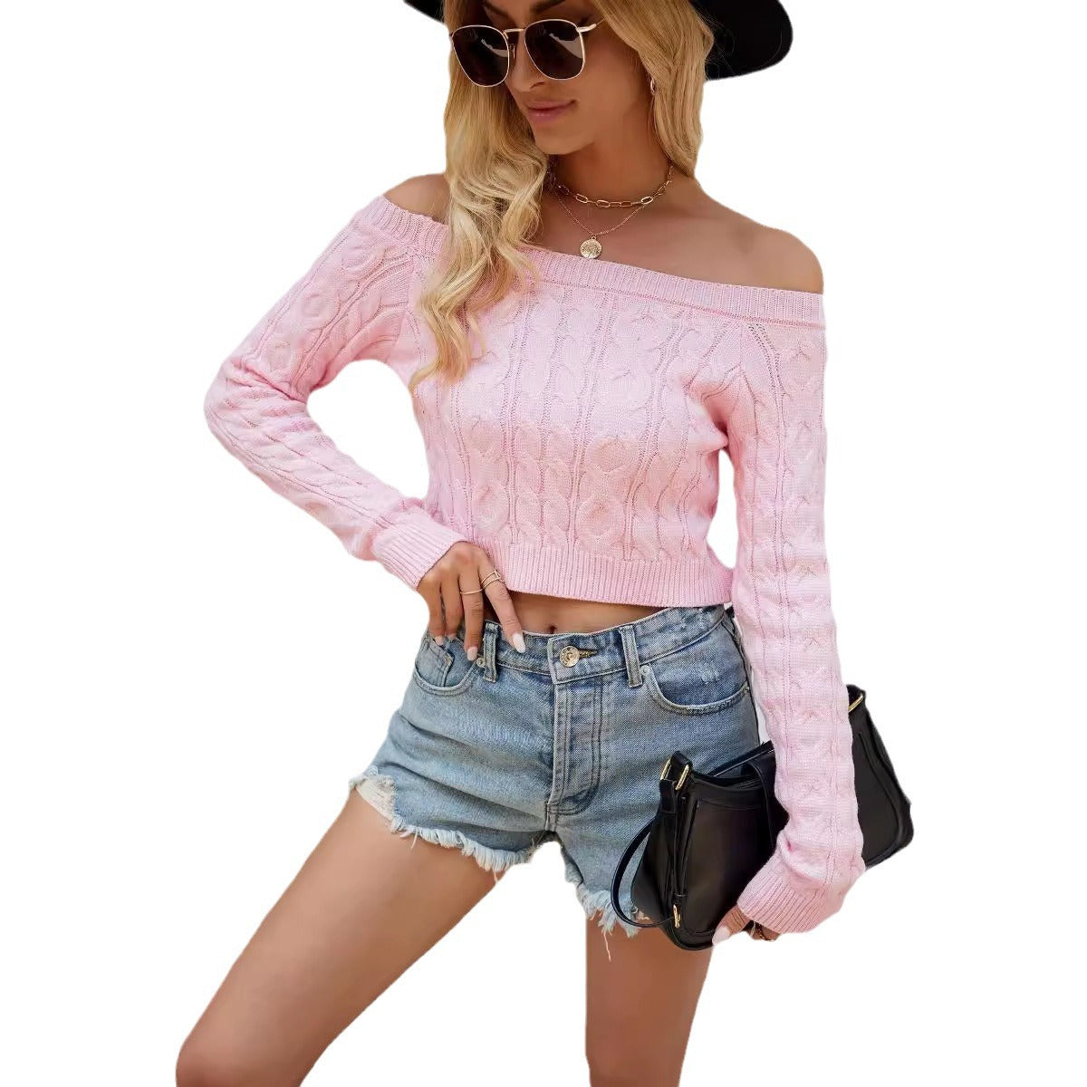 Pull en tricot pour femmes avec épaules dénudées et motif en relief attrayant Chic und Stil