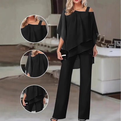 Dames Ensemble Élégant Deux Pièces avec Haut Fluide et Pantalon Évasé Chic und Stil