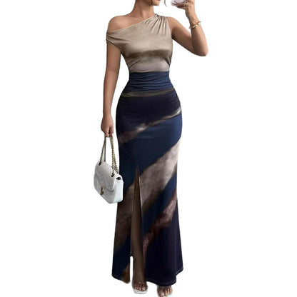 Dames Robe Maxi Élégante avec décolleté asymétrique et fente latérale Chic und Stil