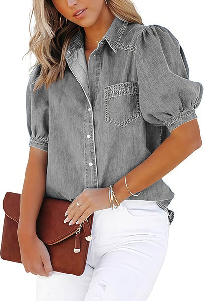 Blouse en denim décontractée pour femmes avec des manches bouffantes et une poche poitrine pratique Chic und Stil