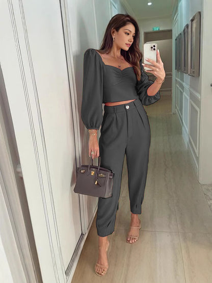 Women Elegant High-End with Balloon Sleeves and High-Waisted Pants Chic and Style