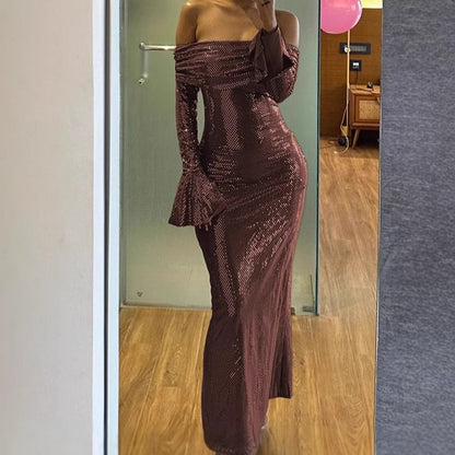Dames élégante robe de soirée avec design sans épaules et manches évasées Chic und Stil
