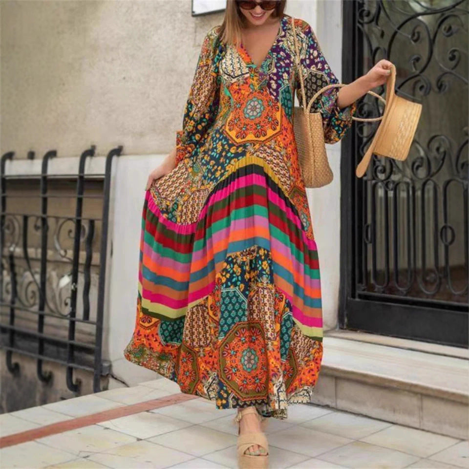 Robe maxi femme avec design en patchwork coloré et manches volumineuses Chic und Stil