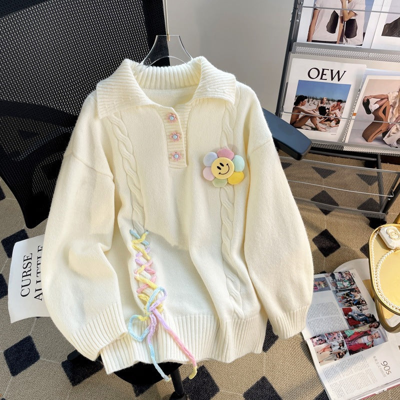 Pull en grosse maille pour femmes avec des applications colorées et un col à structure côtelée Chic und Stil