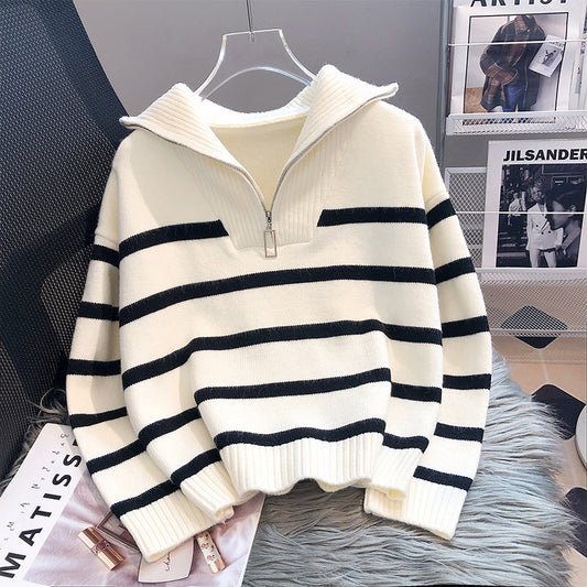 Pull à col roulé pour femmes avec fermeture éclair tendance et motif rayé Chic und Stil