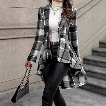 Women Elegant and Flowing Plaid Jacket with Asymmetrical Hem Chic and Style