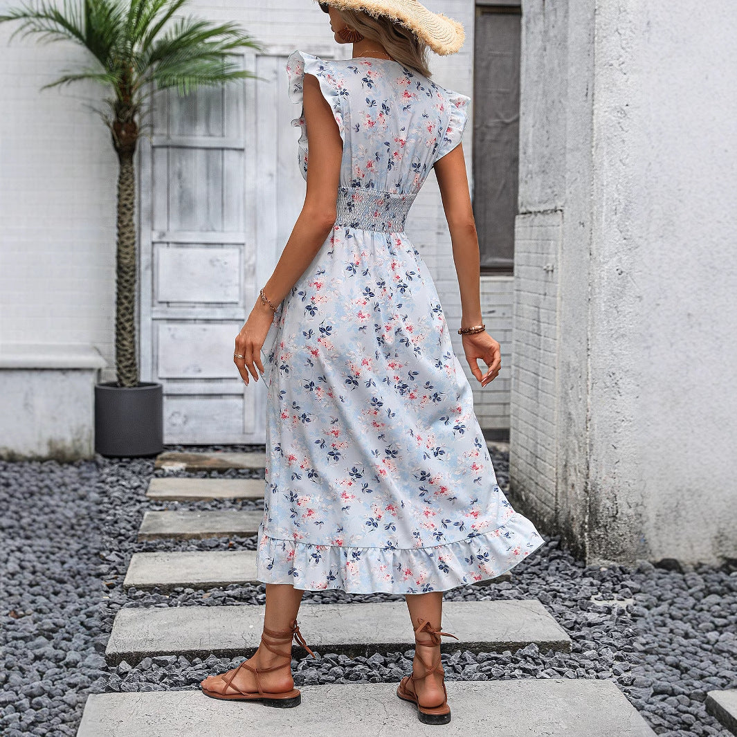 Robe maxi pour dames avec des détails en volants floraux et un ourlet flottant Chic und Stil