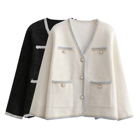 Cardigan élégant en tricot pour femmes avec des boutons décoratifs en perles et des poches pratiques Chic und Stil