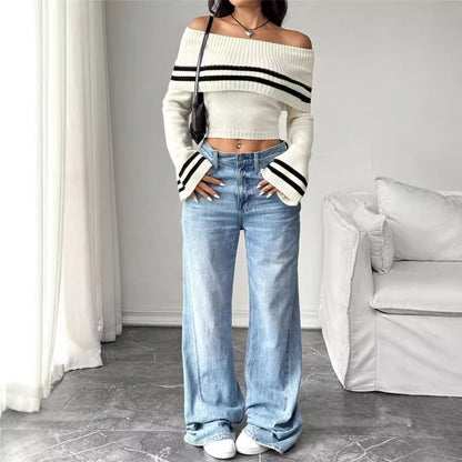 Dames Off-Shoulder Crop-Pullover avec des rayures décontractées Chic und Stil
