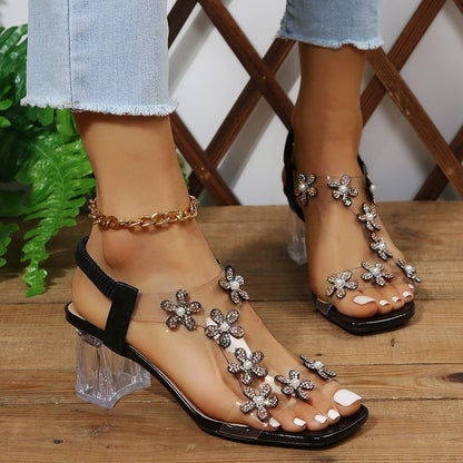 Sandales élégantes pour dames avec applications florales et talon transparent Chic und Stil