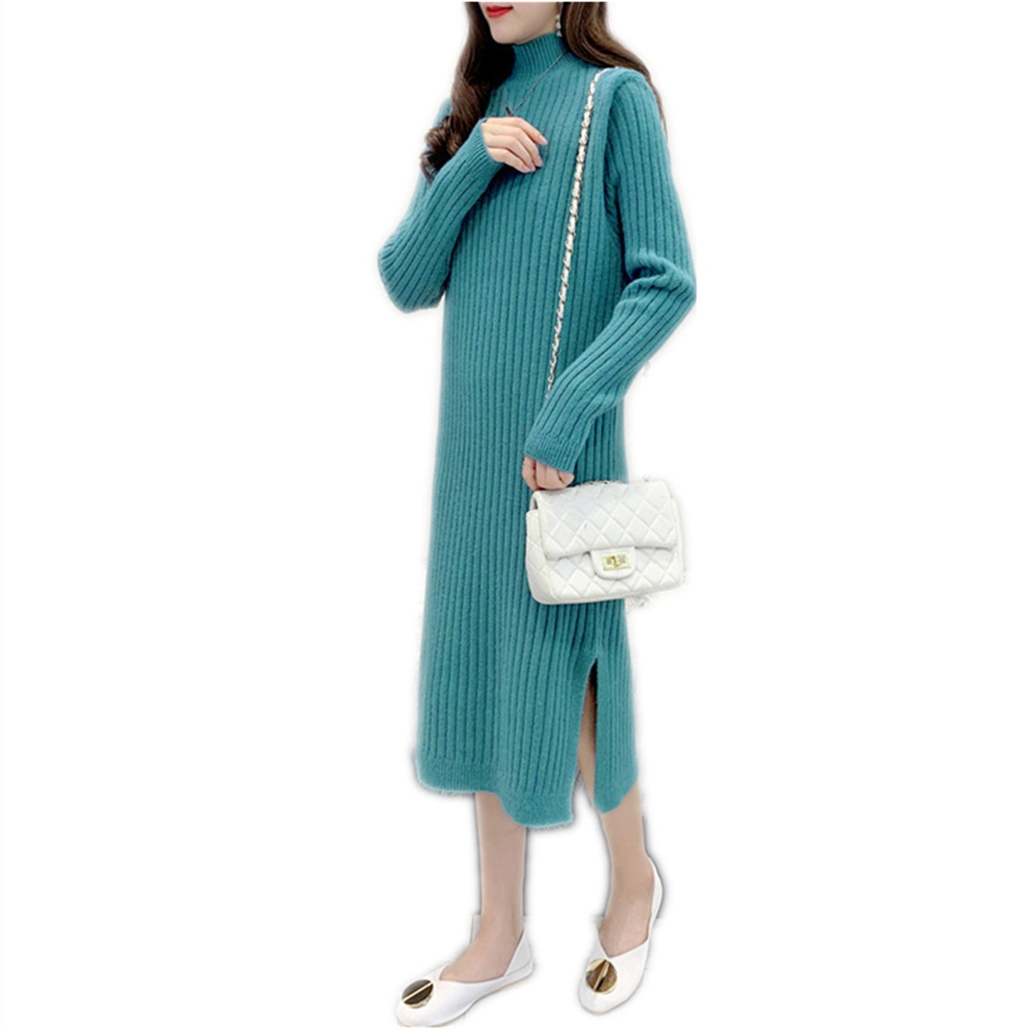Robe maxi tricot pour femmes avec col haut et fine structure côtelée Chic und Stil