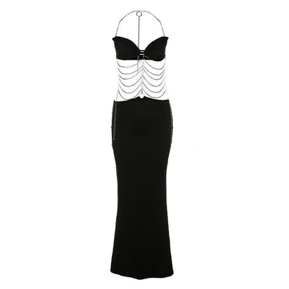 Dames Élégant Robe Maxi avec Accents de Chaînes et Coupe Slim Chic und Stil