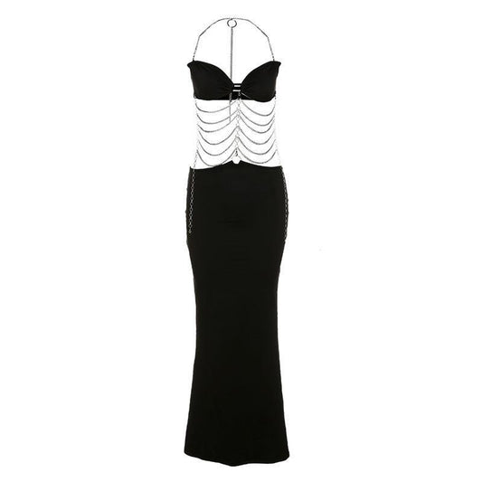 Dames Élégant Robe Maxi avec Accents de Chaînes et Coupe Slim Chic und Stil