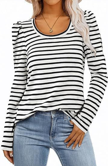 T-shirt rayé à manches longues pour femmes avec manches bouffantes Chic und Stil