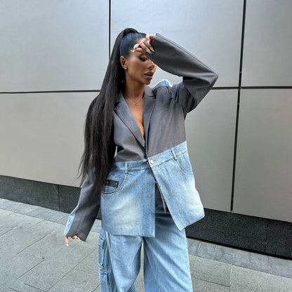 Dames Blazer en denim à la mode avec coupe asymétrique Chic und Stil