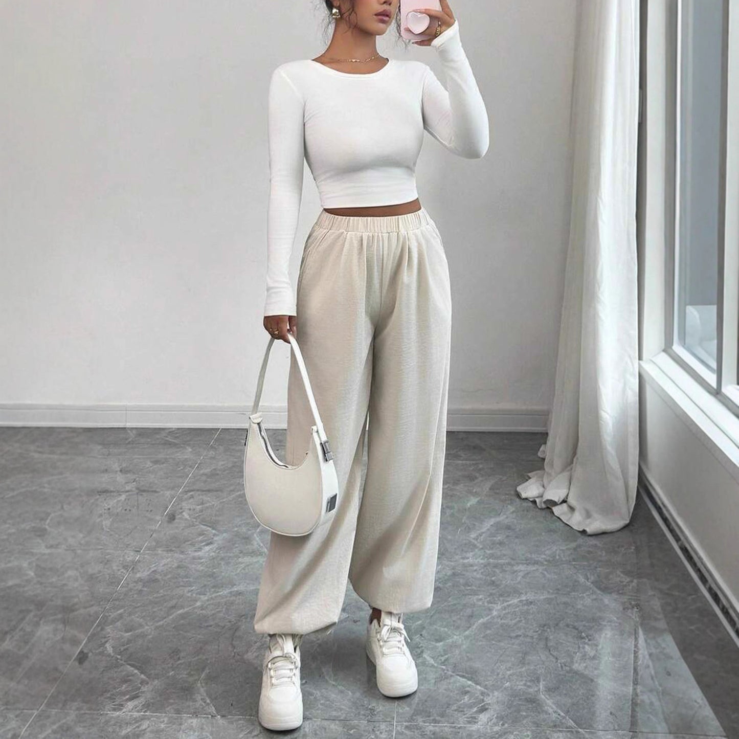 Ladies Long Sleeve Cropped Top Comfortable with Soft Ribbed Design and Stylish Casual Pants Chic and Style