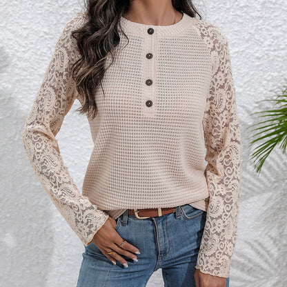 Chemise à manches longues en dentelle pour femmes avec détails de boutons et devant texturé Chic und Stil