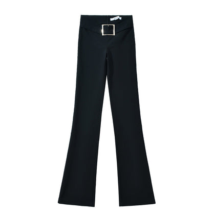 Ladies Elegant High-Waisted Pants with Decorative Belt Chic and Style