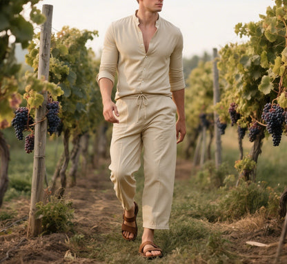 Hommes Chemise élégante à manches longues avec patte de boutonnage pratique et pantalon décontracté Chic und Stil