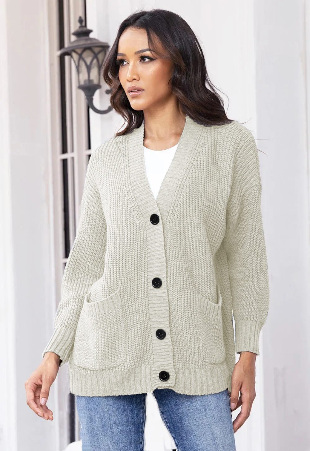 Dames Gros Tricot Cardigan avec poches pratiques et fermeture à boutons classique Chic und Stil