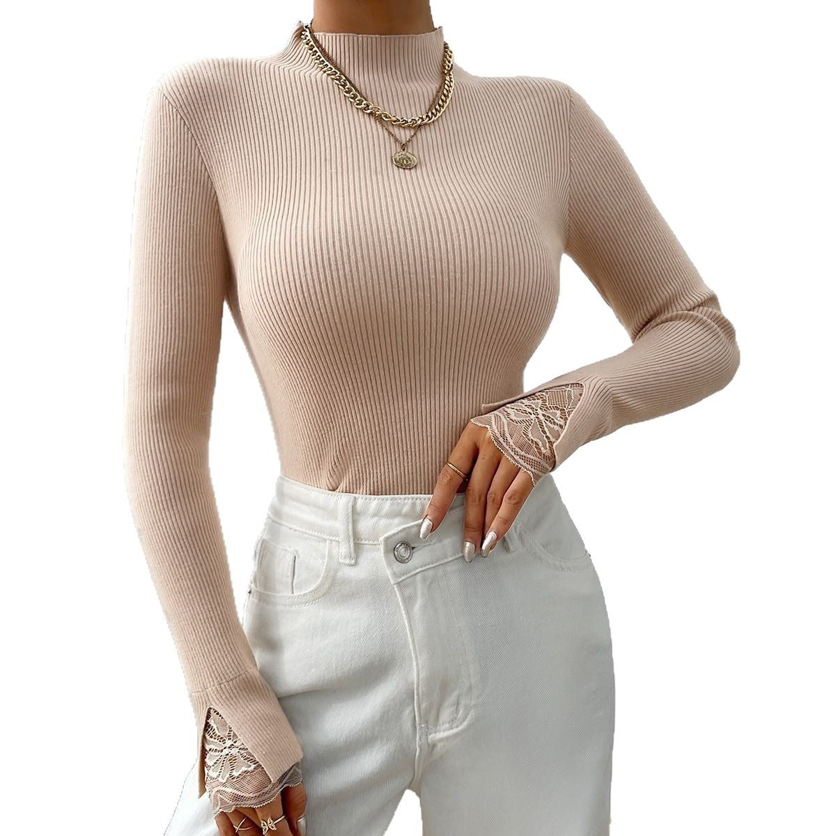 Pull long à manches longues pour femmes avec des manches en dentelle et coupe ajustée Chic und Stil