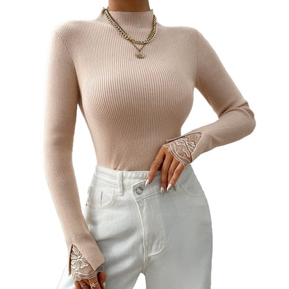 Pull long à manches longues pour femmes avec des manches en dentelle et coupe ajustée Chic und Stil