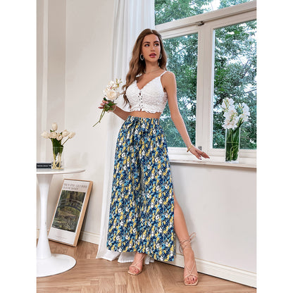 Maxi pants for women with floral design and side slit Chic and Style