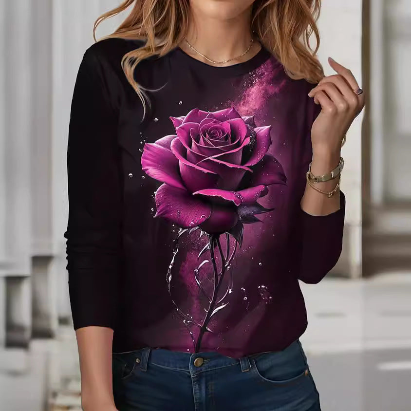 T-shirt pour femmes avec motif de rose artistique et manches longues Chic und Stil