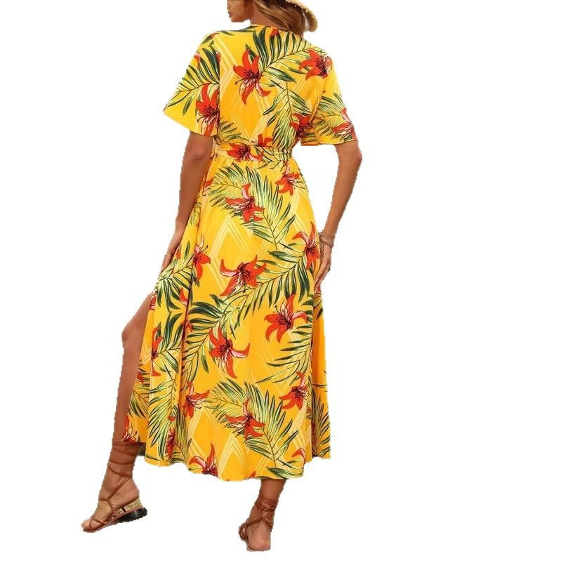 Robe maxi portefeuille pour femmes avec imprimé floral et fente haute Chic und Stil