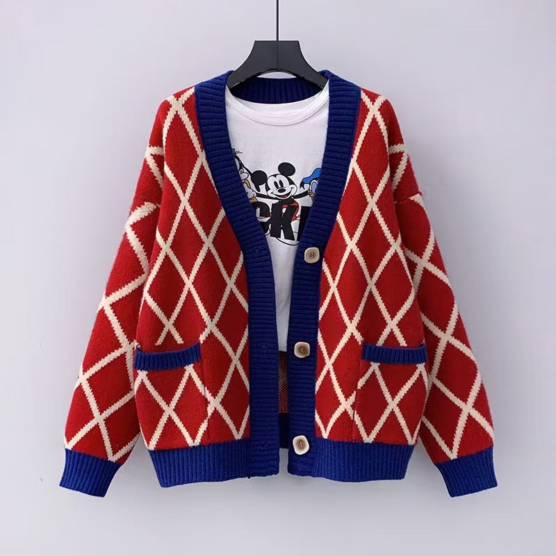 Dames gros tricot cardigan à motifs carreaux Chic und Stil