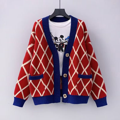 Dames gros tricot cardigan à motifs carreaux Chic und Stil