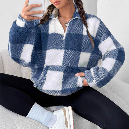 Dames Pull en tartan pelucheux avec demi-fermeture éclair Chic und Stil